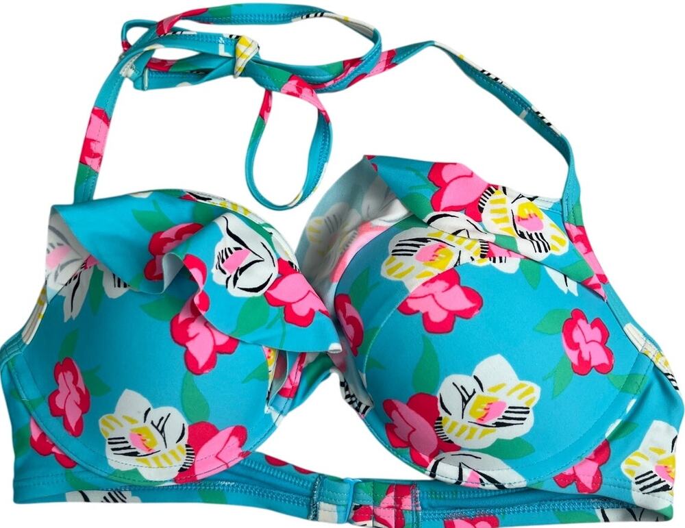 Aerie Floral Blue Pink Ruffled Halter Bikini Top Adjustable 34C
